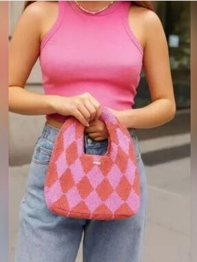 Kopari Knit Argyle Pink Orange Circle Handbag Purse